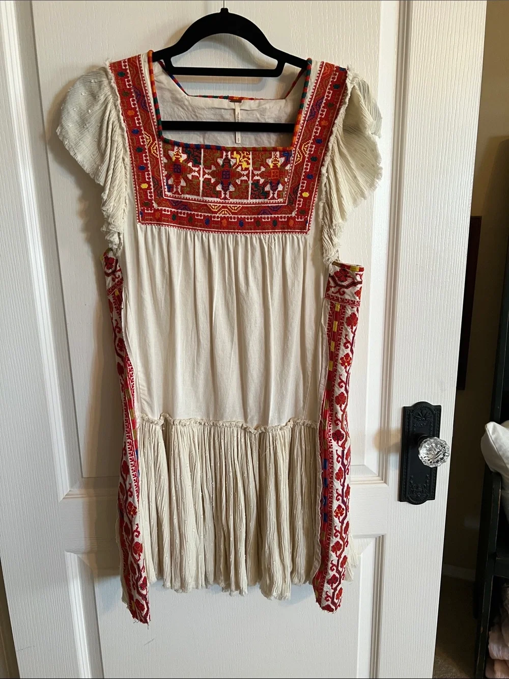 Free People Cream Mini Dress with Red Embroidered Yoke